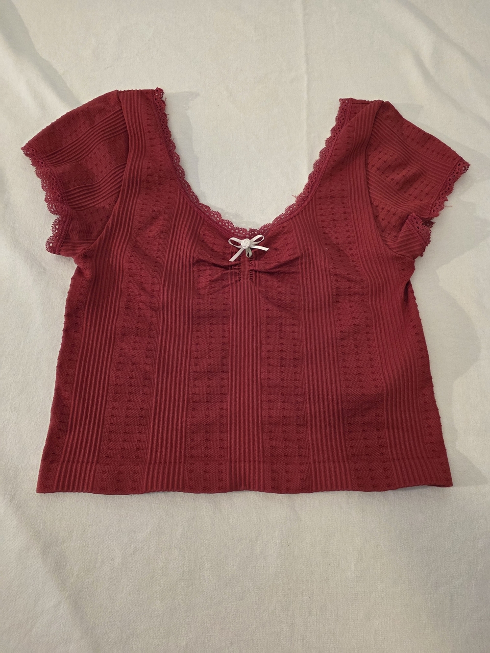 Women's Crop Burgundy Knit Scoop Neck Top with Lace Trim. Vital Life